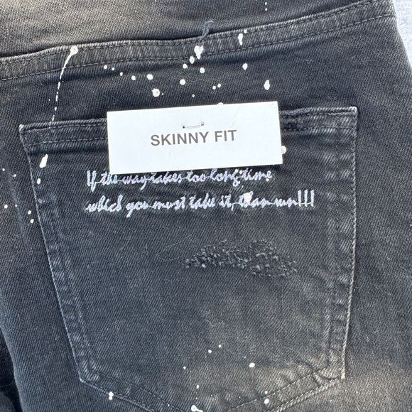 Zara Black Skinny Slimfit Ripped Splattered Jeans and Script Quotes Size 32 New - Picture 7 of 8